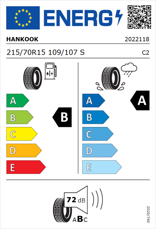 Tyre Label for Hankook Vantra Transit (RA58) 215/70R15 109/107S
