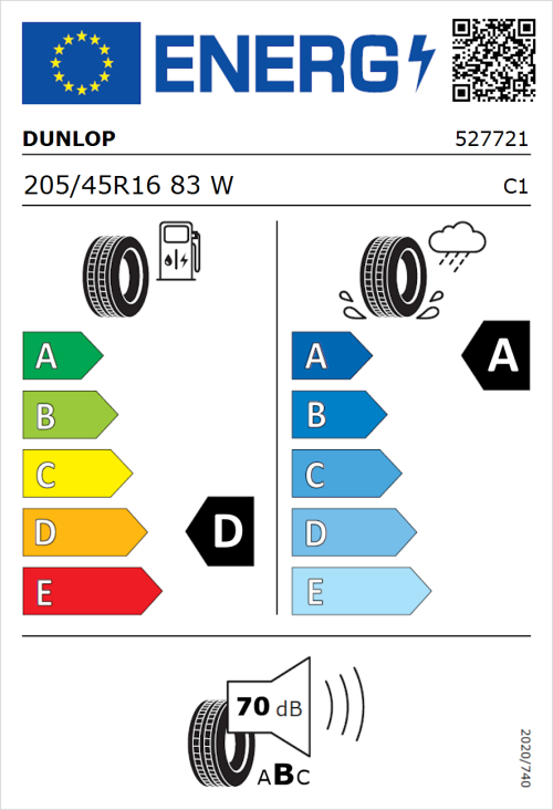 Tyre Label for Dunlop SP SportMaxx RT 205/45R16 83W